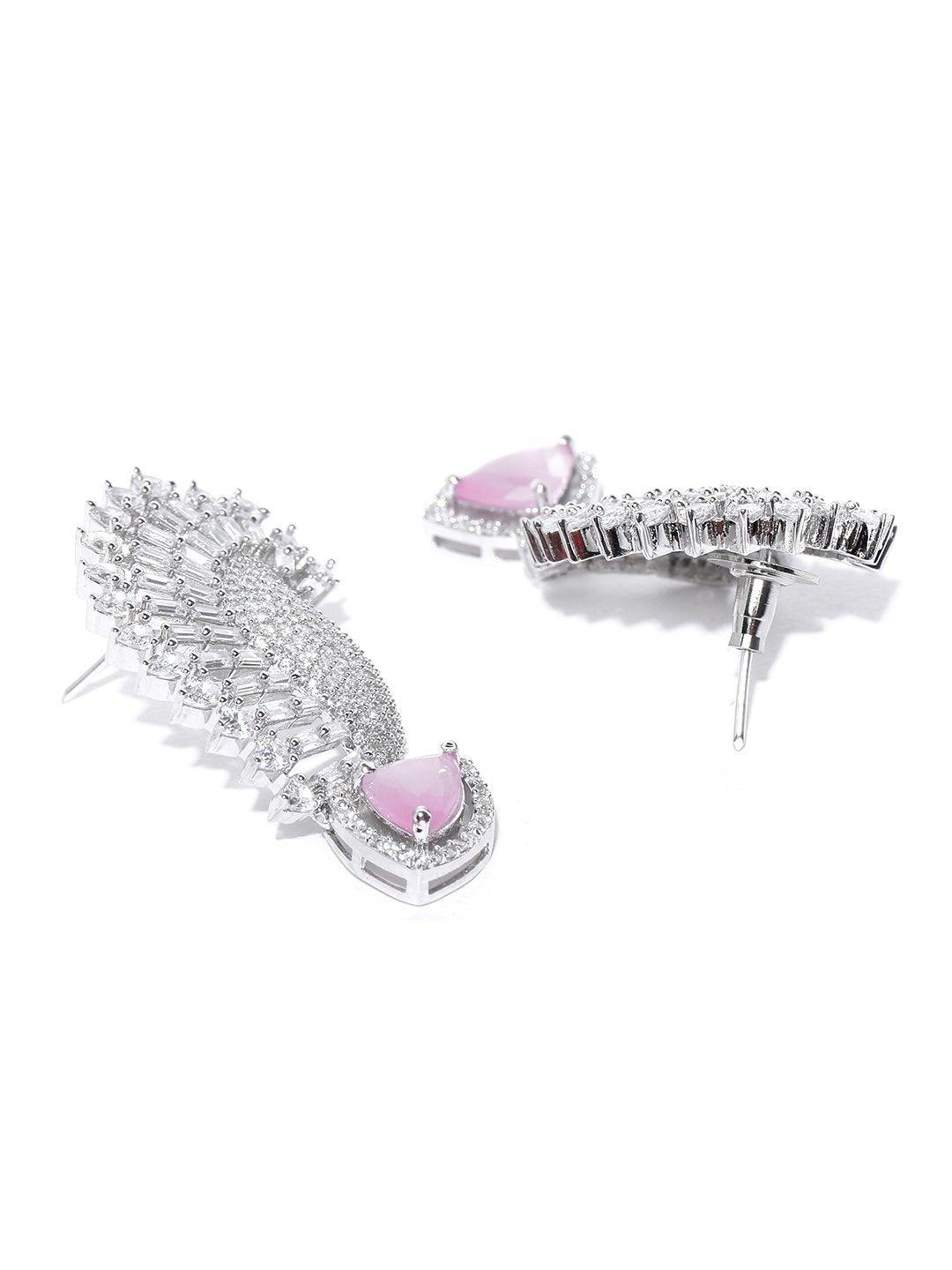 Women's Rhodium-Plated American Diamond and Pink Stone Studded Drop Earrings - Priyaasi - Indiakreations