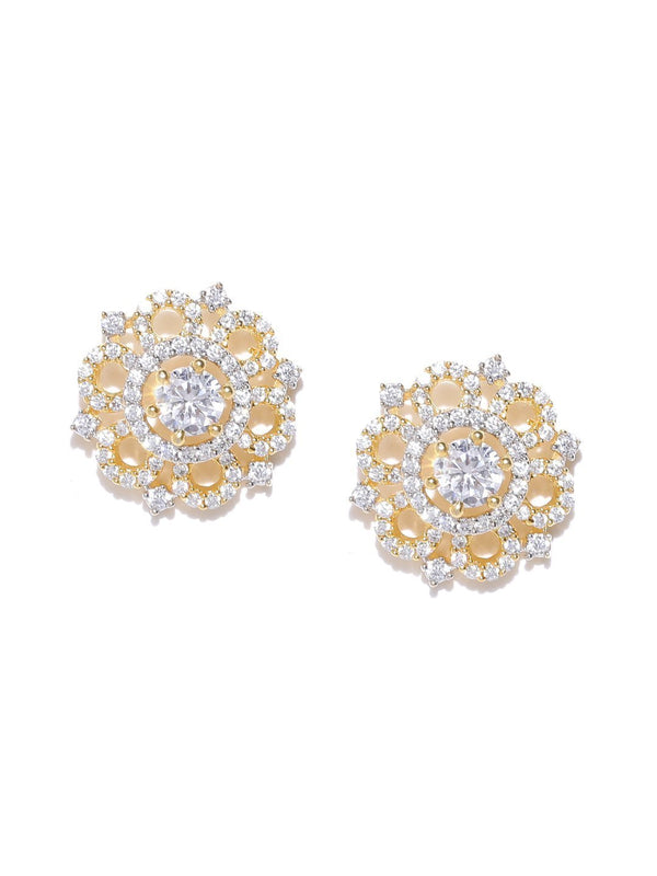 Women's Gold-Plated American Diamond Studded Stud Earrings in Floral Pattern - Priyaasi