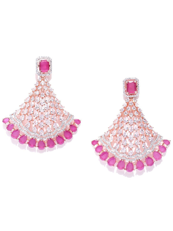 Women's Rose Gold-Plated Ruby And American Diamond Studded Heavy Drop Earrings in Pink and White Color - Priyaasi