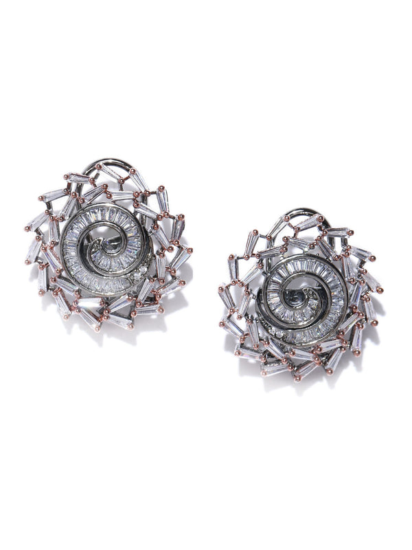 Women's Gunmetal-Plated Spiral American Diamond Large Stud Earrings - Priyaasi