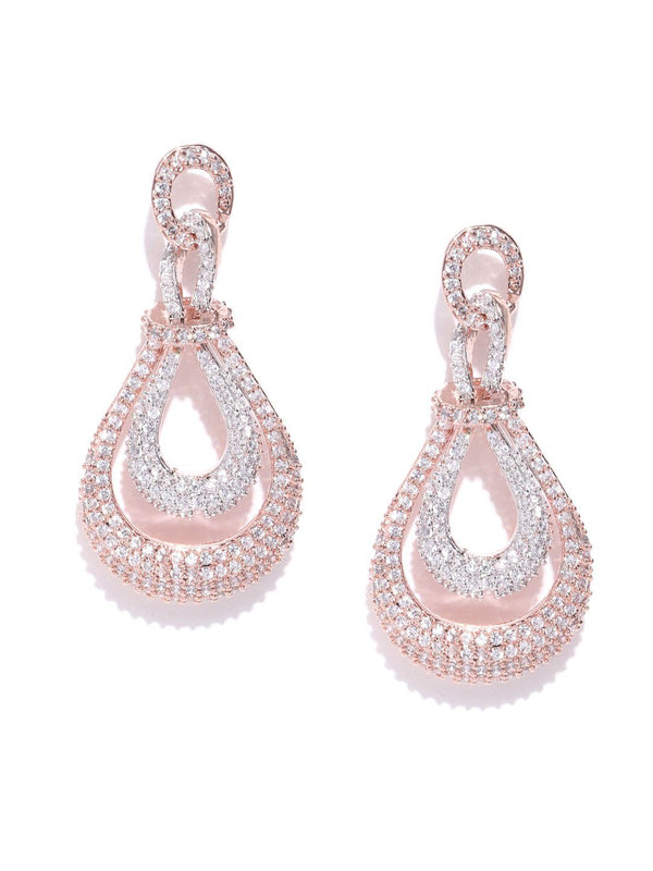 Women's Rose Gold-Plated American Diamond Studded Drop Earrings - Priyaasi