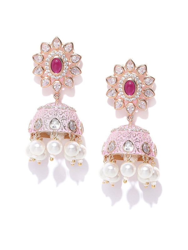 Women's Gold-Plated American Diamond Studded Floral Patterned Meenakari Jhumka Earrings in Pink Color with Pearls Drop - Priyaasi