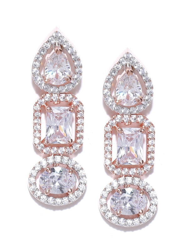 Women's Rose Gold-Plated American Diamond Studded Drop Earrings - Priyaasi