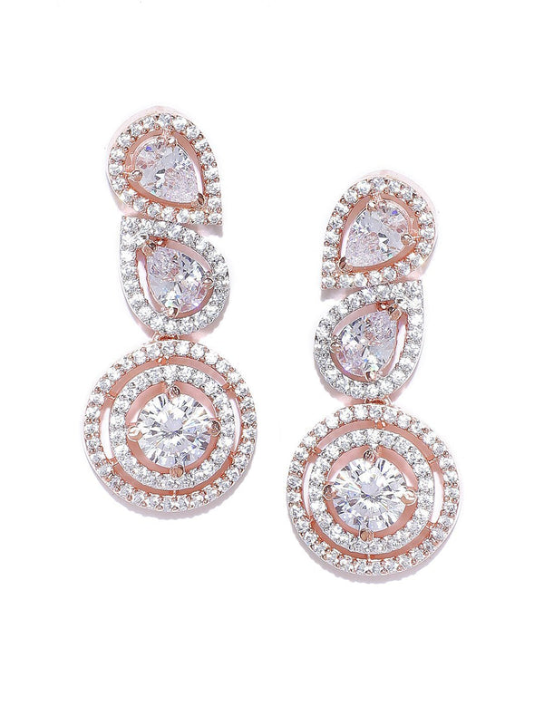 Women's Rose Gold-Plated American Diamond Studded Drop Earrings - Priyaasi