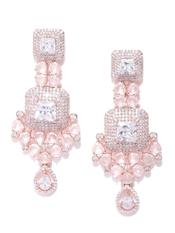 Women's Rose Gold-Plated American Diamond Studded Geometric And Floral Patterned Drop Earrings - Priyaasi