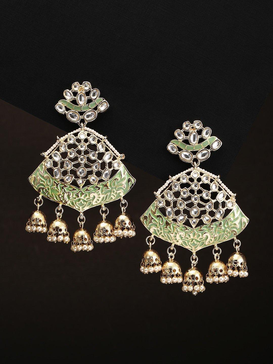 Women's Gold-Plated Kundan Studded Meenakari Drop Earrings in Green Color with Pearls Drop - Priyaasi - Indiakreations