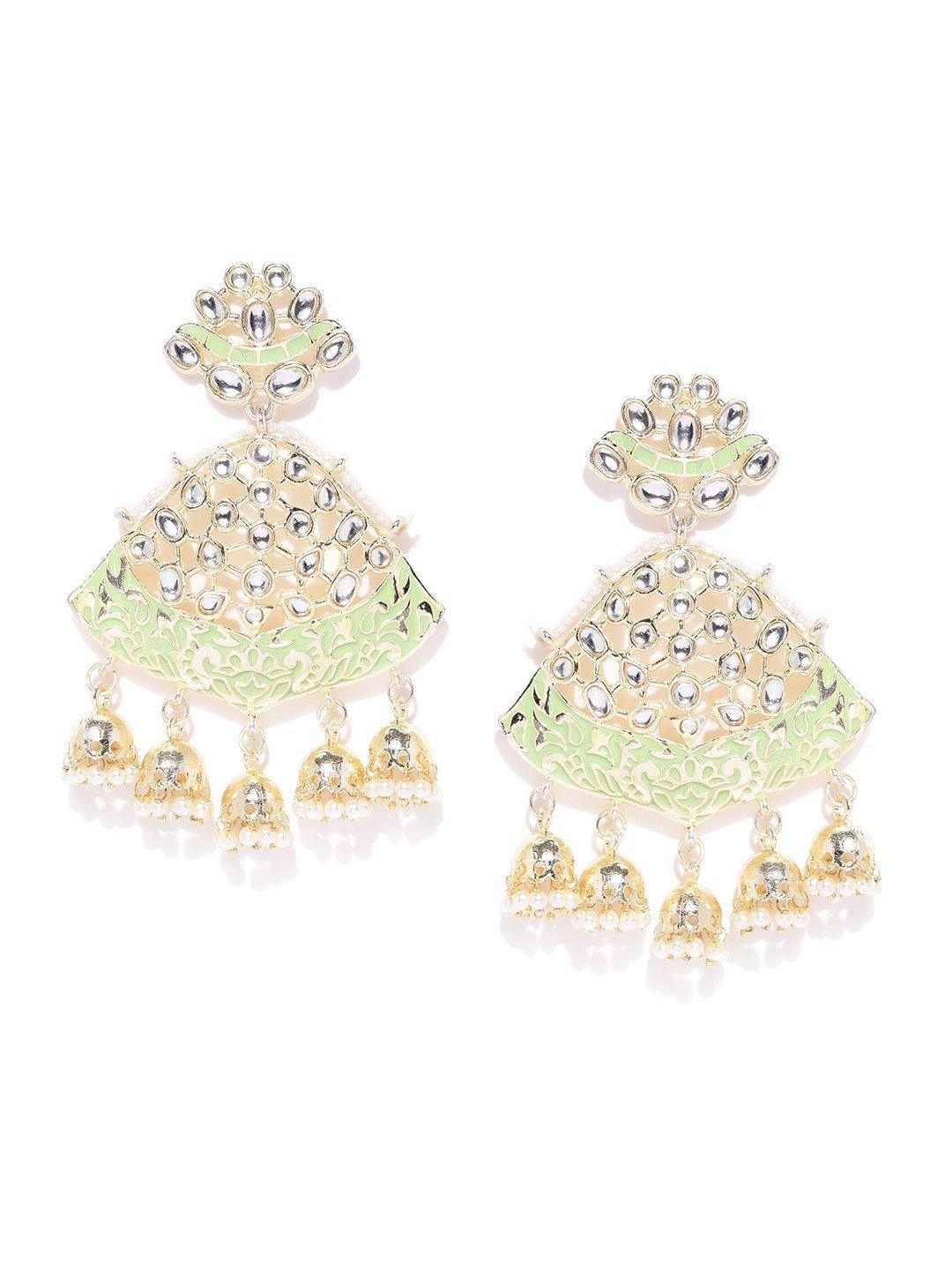 Women's Gold-Plated Kundan Studded Meenakari Drop Earrings in Green Color with Pearls Drop - Priyaasi - Indiakreations