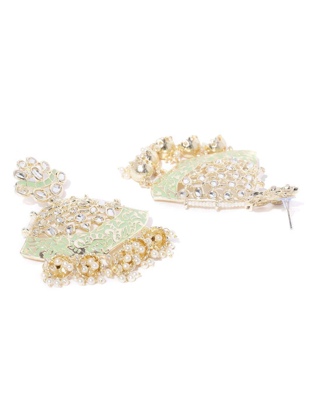 Women's Gold-Plated Kundan Studded Meenakari Drop Earrings in Green Color with Pearls Drop - Priyaasi - Indiakreations