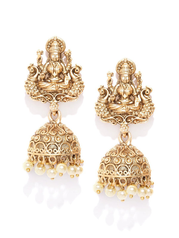 Women's Matte Gold Finish Goddess Laxmi Inspired Designer Jhumki Earrings - Priyaasi