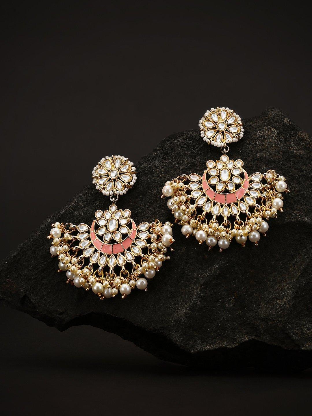 Women's Gold Plated Kundan Studded Pink Chabdbalis Beads Drop Earrings - Priyaasi - Indiakreations