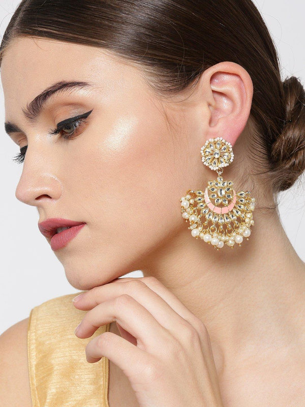 Women's Gold Plated Kundan Studded Pink Chabdbalis Beads Drop Earrings - Priyaasi - Indiakreations