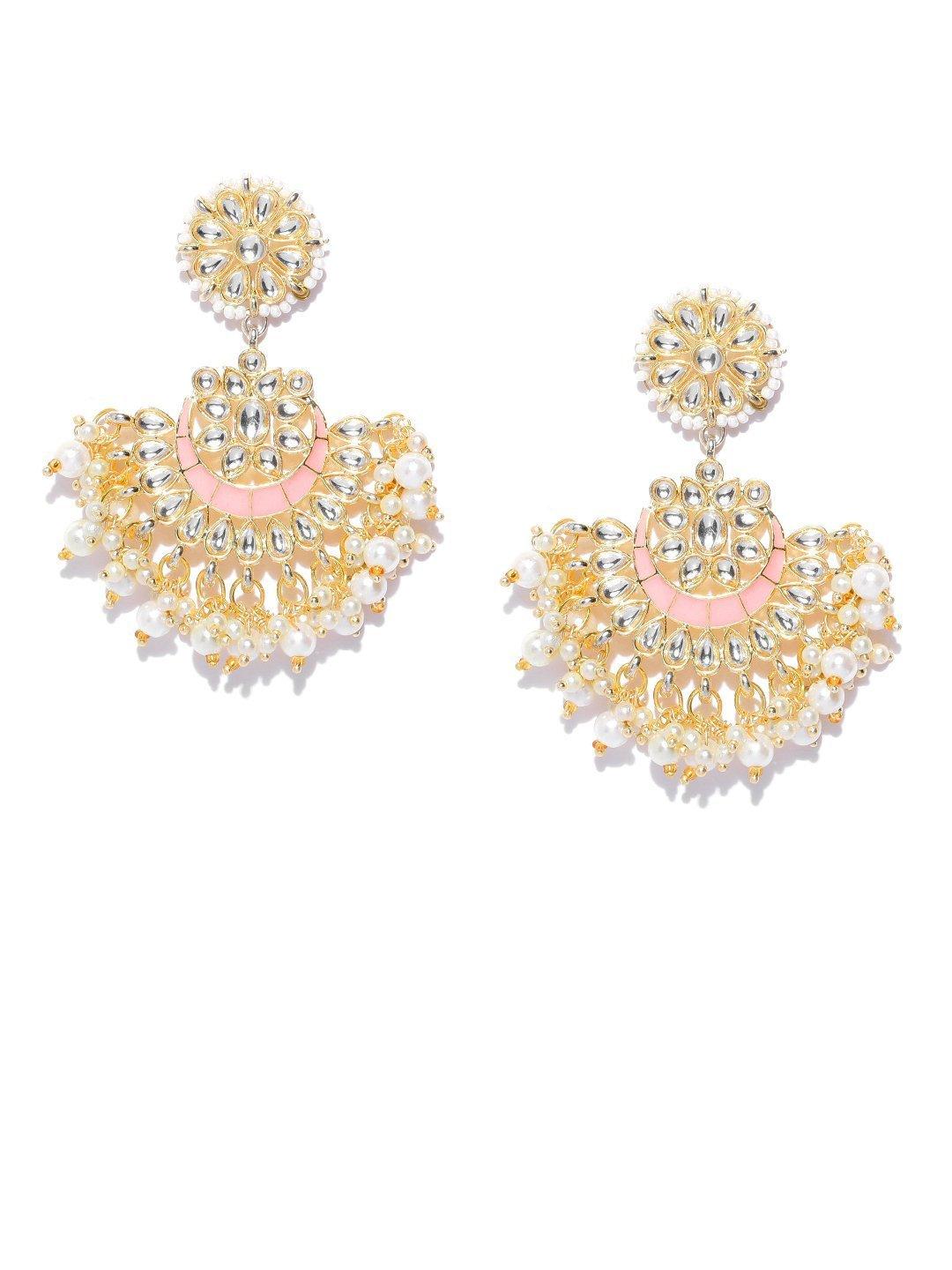 Women's Gold Plated Kundan Studded Pink Chabdbalis Beads Drop Earrings - Priyaasi - Indiakreations