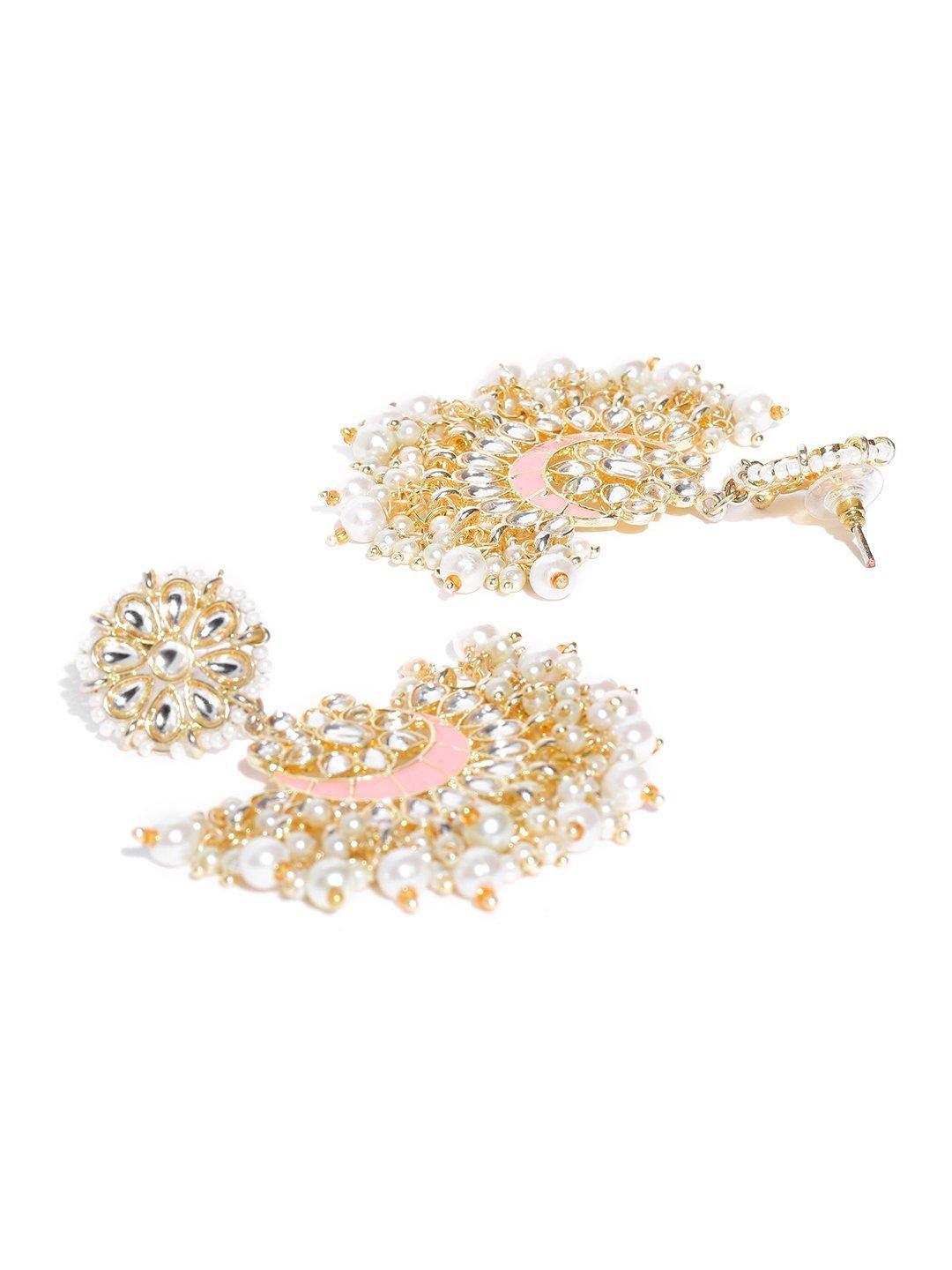 Women's Gold Plated Kundan Studded Pink Chabdbalis Beads Drop Earrings - Priyaasi - Indiakreations