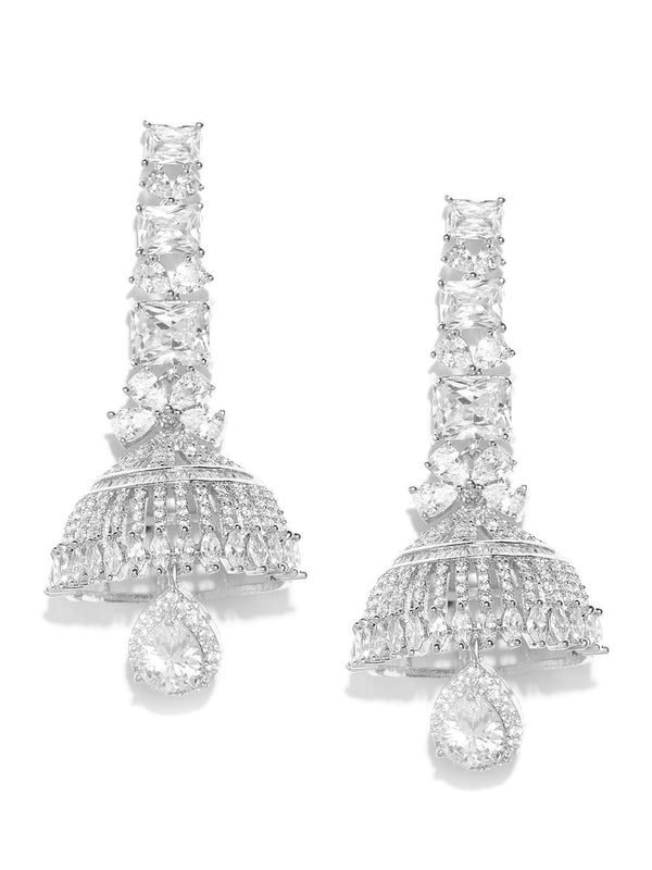 Women's Silver Plated American Diamond Studded Party Wear Jhumka Earrings - Priyaasi