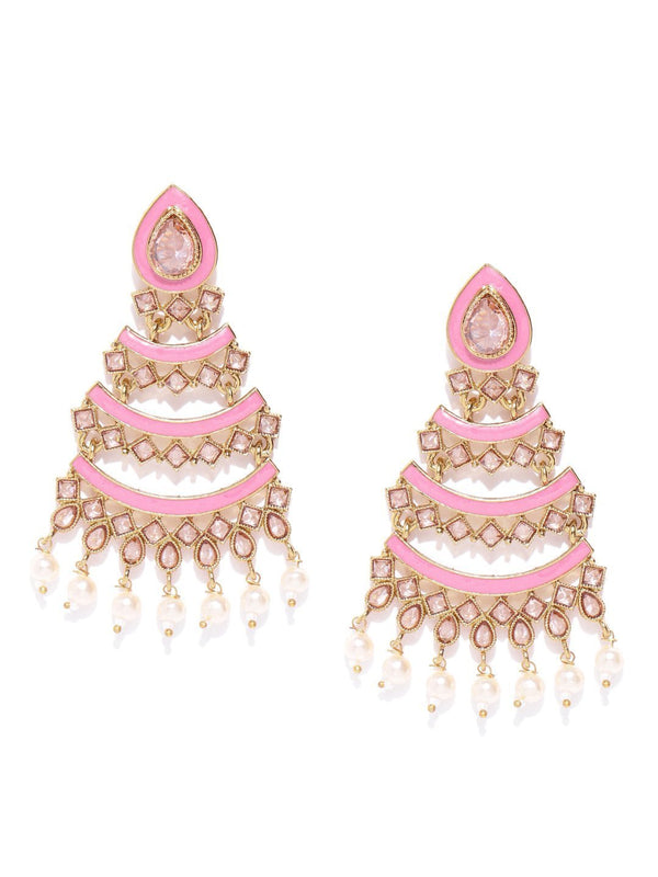 Women's Gold Plated Kunda Studded Layered Design Pink Colour Drop Earrings - Priyaasi