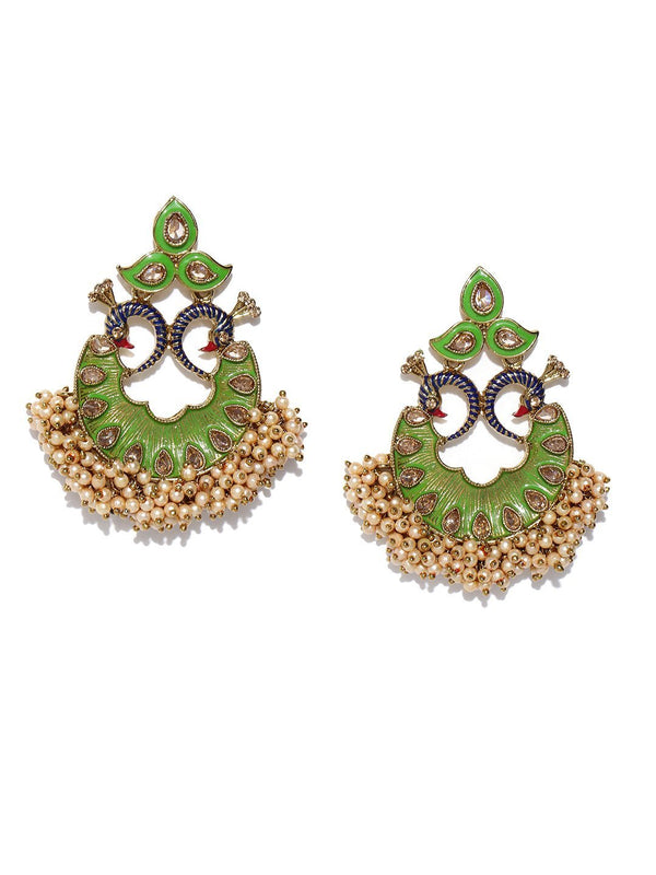 Women's Gold-Plated Stones Studded Peacock Inspired, Meenakari Chandbali Earrings in Green Color with Pearls Drop - Priyaasi