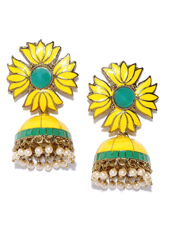 Women's Gold-Plated Floral Patterned Jhumka Earrings with Meenakari work in Yellow and Green Color - Priyaasi