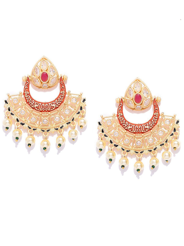 Women's Gold-Plated Stones Studded Meenakari Drop Earrings in Red Color with Pearls Drop - Priyaasi