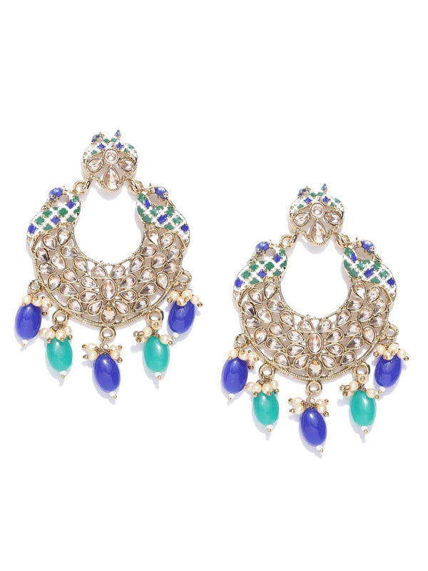 Women's Gold-Plated Peacock Inspired Chandbali Earrings with Blue And Green Beads Drop - Priyaasi