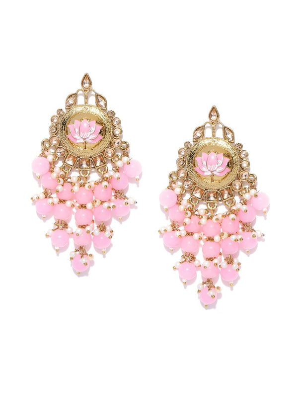 Women's Gold-Plated Stones Studded Pink Beaded Waterfall Earrings in Floral Pattern - Priyaasi