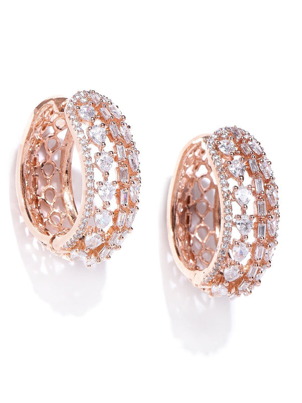 Women's Rose Gold-Plated American Diamond Studded Small Hoop Earrings - Priyaasi