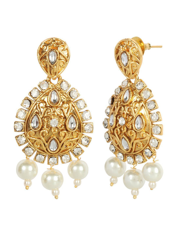 Women's Gold Plated AD & Kundan Studded Floral Pattern Teardrop Shaped Earrings - Priyaasi