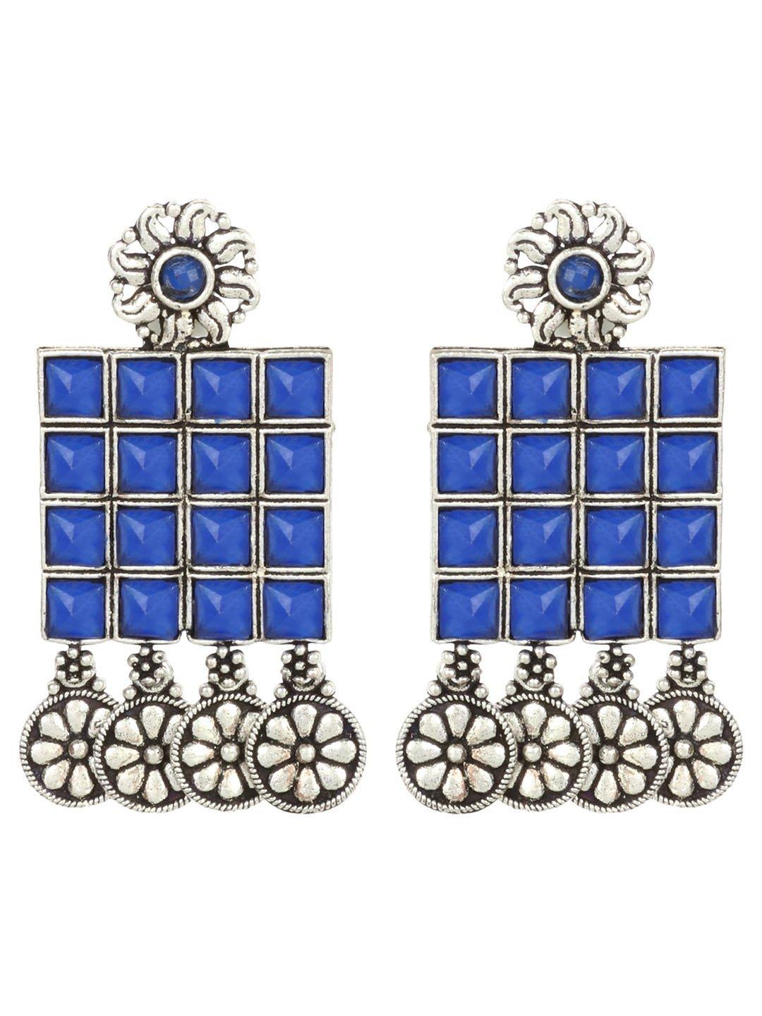 Women's Oxidised Silver Plated Blue Stone Studded Square Shaped Drop Earrings - Priyaasi - Indiakreations