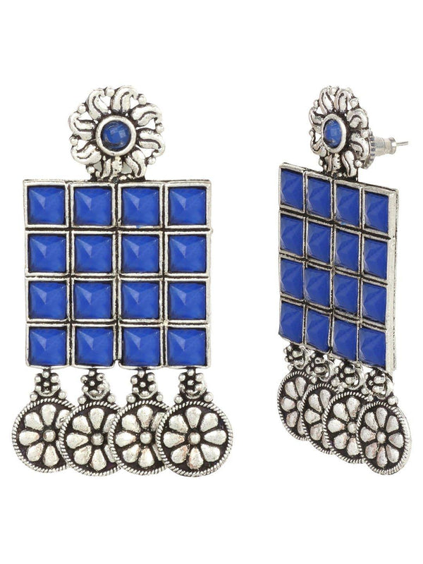 Women's Oxidised Silver Plated Blue Stone Studded Square Shaped Drop Earrings - Priyaasi - Indiakreations