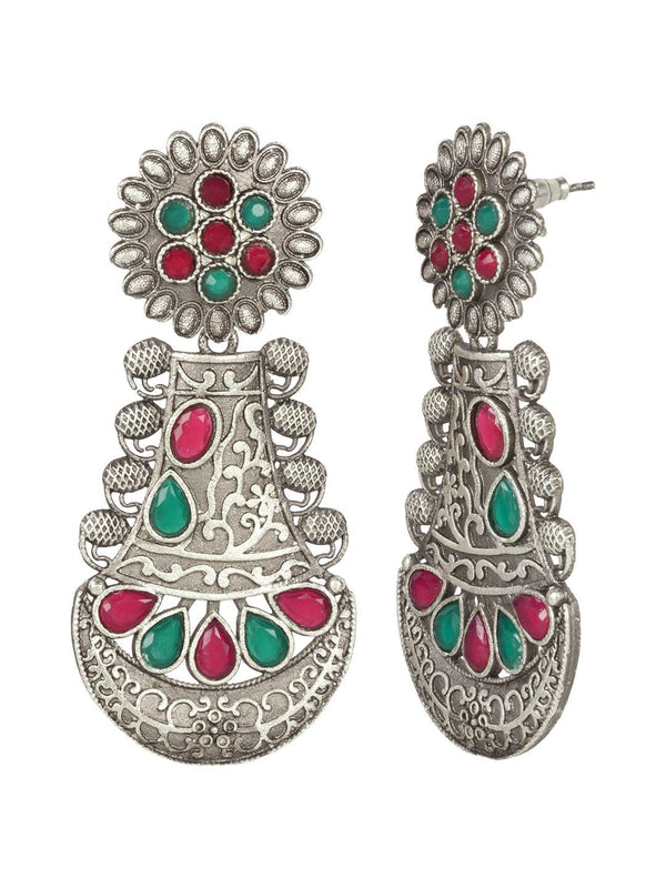 Women's Oxidised Silver Green & Maroon Stone Studded Teardrop Shaped Earrings - Priyaasi