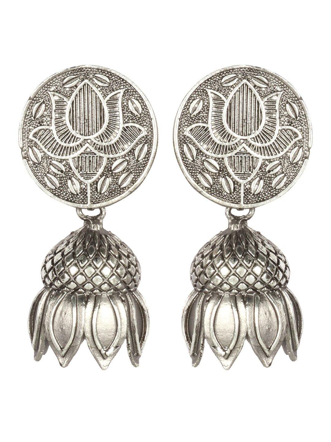 Women's Oxidised Silver Plated Lotus Inspired Drop Earrings For Women - Priyaasi - Indiakreations