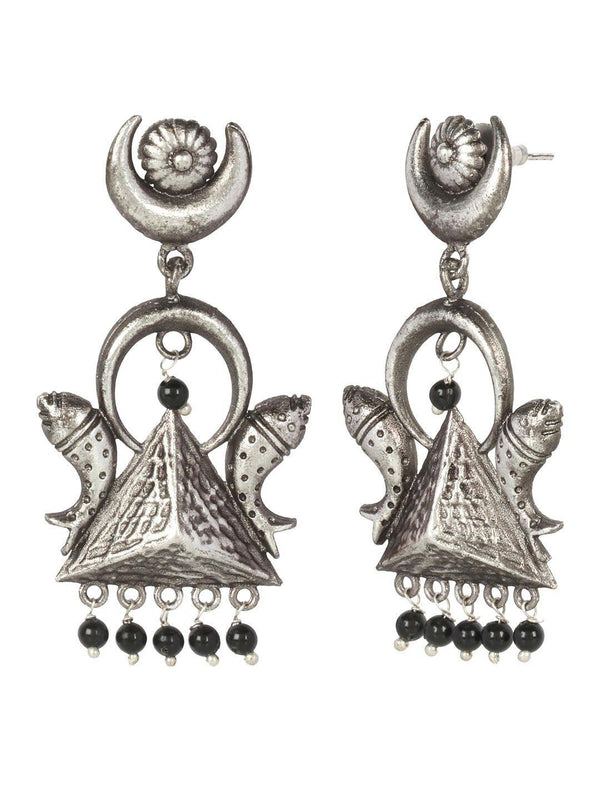 Women's Oxidised Silver Pyramid And Fish Inspired Drop Earrings - Priyaasi - Indiakreations