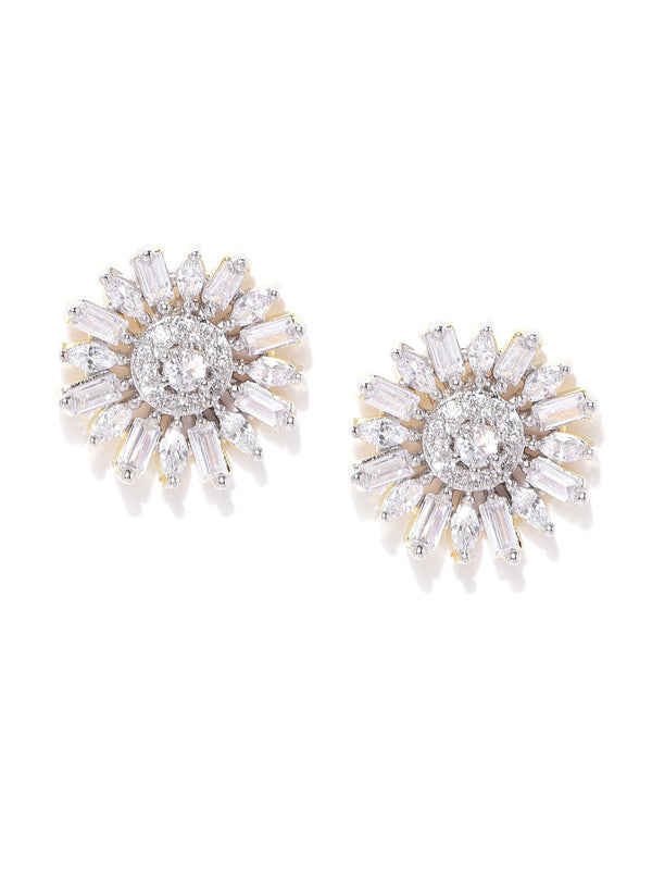 Women's Gold-Plated American Diamond Studded Stud Earrings in Floral Pattern - Priyaasi