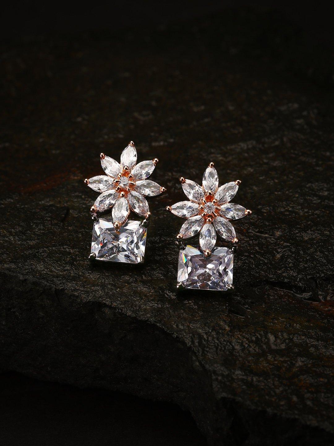 Women's Gold-Plated American Diamond Studded Stud Earrings in Floral Pattern - Priyaasi - Indiakreations