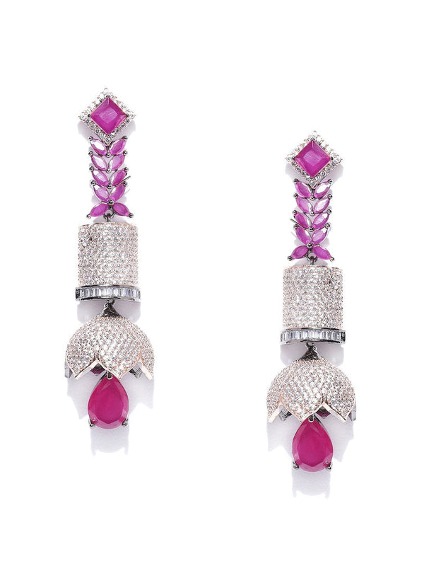 Women's Gunmetal Plated Ruby & AD Studded Jhumki Like Drop Earrings - Priyaasi