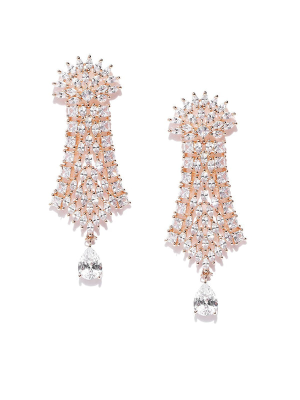 Women's Rose Gold-Plated American Diamond Studded Drop Earrings - Priyaasi