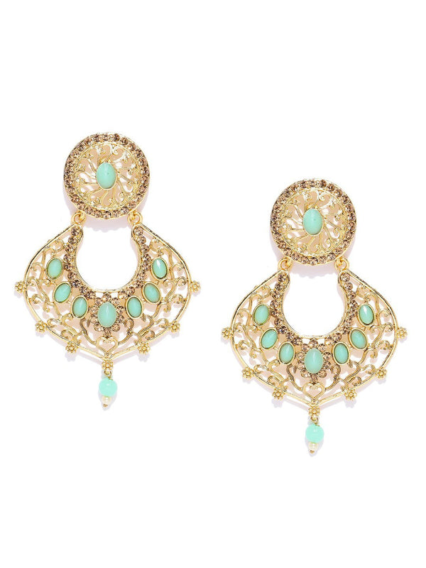 Women's Gold Plated Mint Green Stone Studded Chandbalis Drop Earrings - Priyaasi