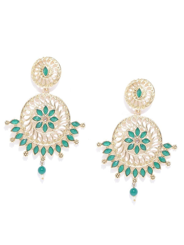 Women's Gold Plated Emerald Stone Studded Circular Drop Earrings - Priyaasi