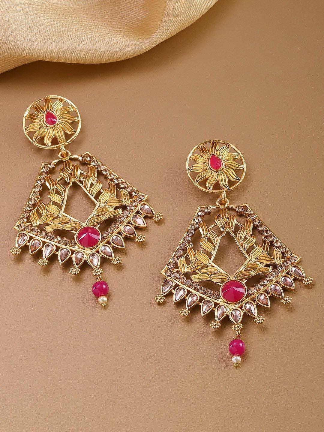 Women's Gold Plated Leaf Pattern Pink Geometric Drop Earrings - Priyaasi - Indiakreations