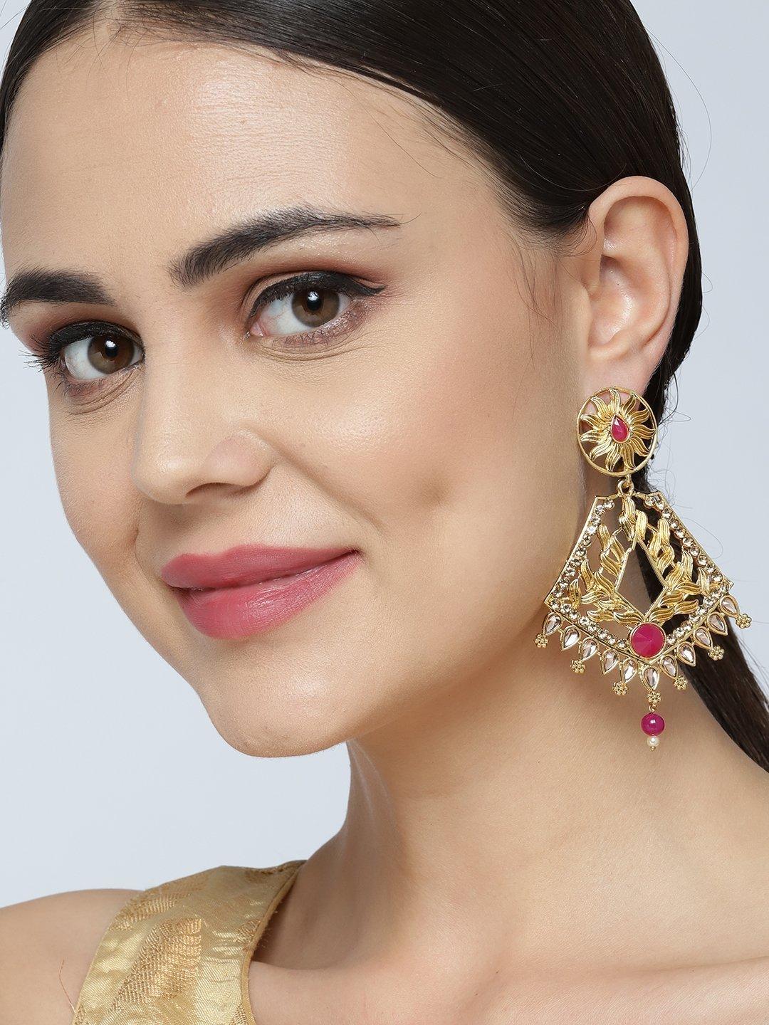 Women's Gold Plated Leaf Pattern Pink Geometric Drop Earrings - Priyaasi - Indiakreations