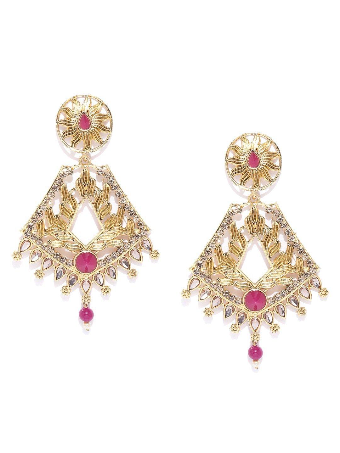 Women's Gold Plated Leaf Pattern Pink Geometric Drop Earrings - Priyaasi - Indiakreations