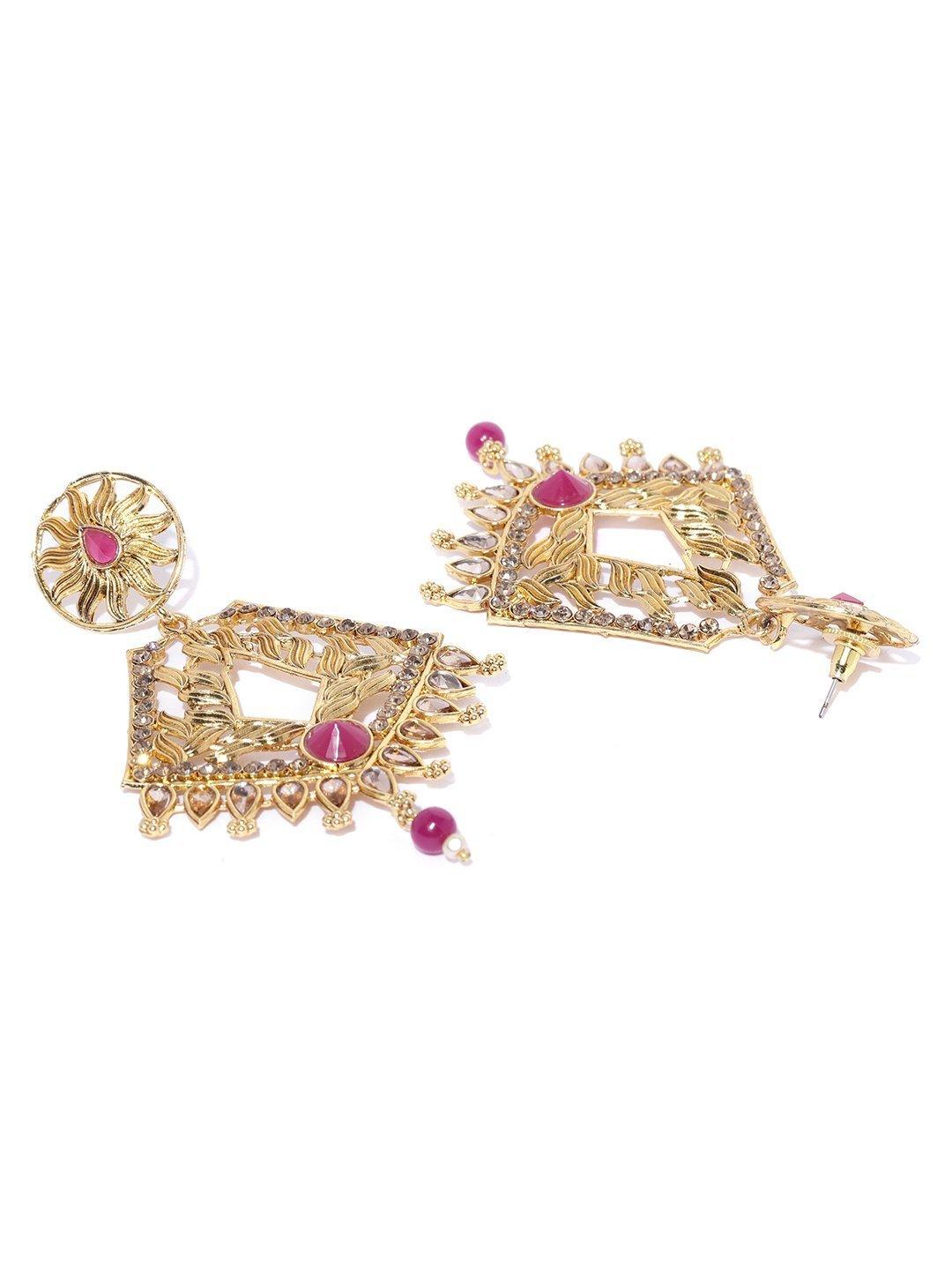 Women's Gold Plated Leaf Pattern Pink Geometric Drop Earrings - Priyaasi - Indiakreations