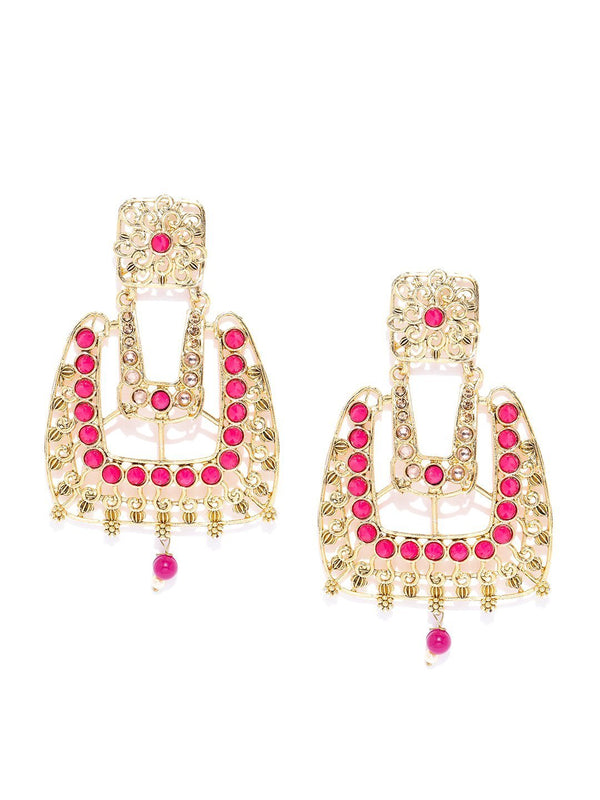 Women's Gold Plated Ruby Studded Geometric Drop Earrings - Priyaasi