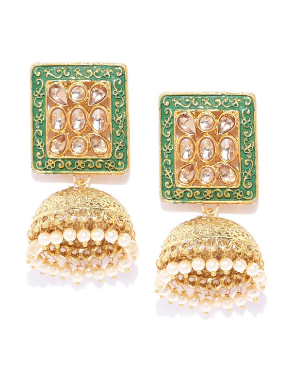 Women's Gold Plated Stone Studded Green Meenakari Jhumka Earrings - Priyaasi