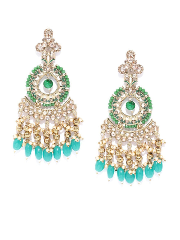 Women's Gold-Plated Stones Studded Green Beaded Drop Earrings with Beads Drop - Priyaasi