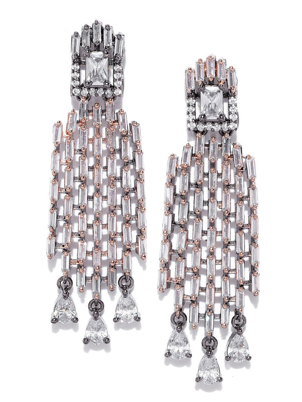 Women's Gunmetal-Plated American Diamond Studded Geometric Patterned Drop Earrings - Priyaasi