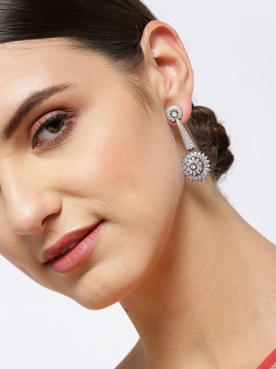 Women's Gunmetal-Plated American Diamond Studded Floral Drop Earrings - Priyaasi - Indiakreations