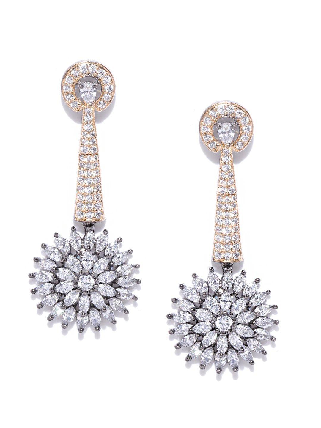 Women's Gunmetal-Plated American Diamond Studded Floral Drop Earrings - Priyaasi - Indiakreations