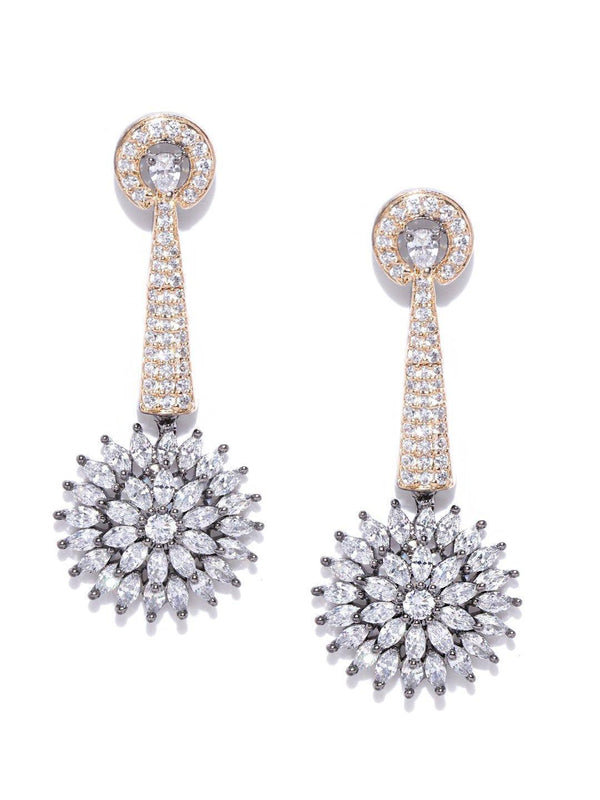 Women's Gunmetal-Plated American Diamond Studded Floral Drop Earrings - Priyaasi - Indiakreations