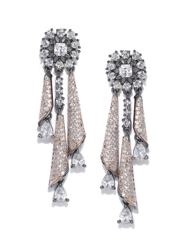 Women's Gunmetal-Plated American Diamond Studded Floral Drop Earrings - Priyaasi