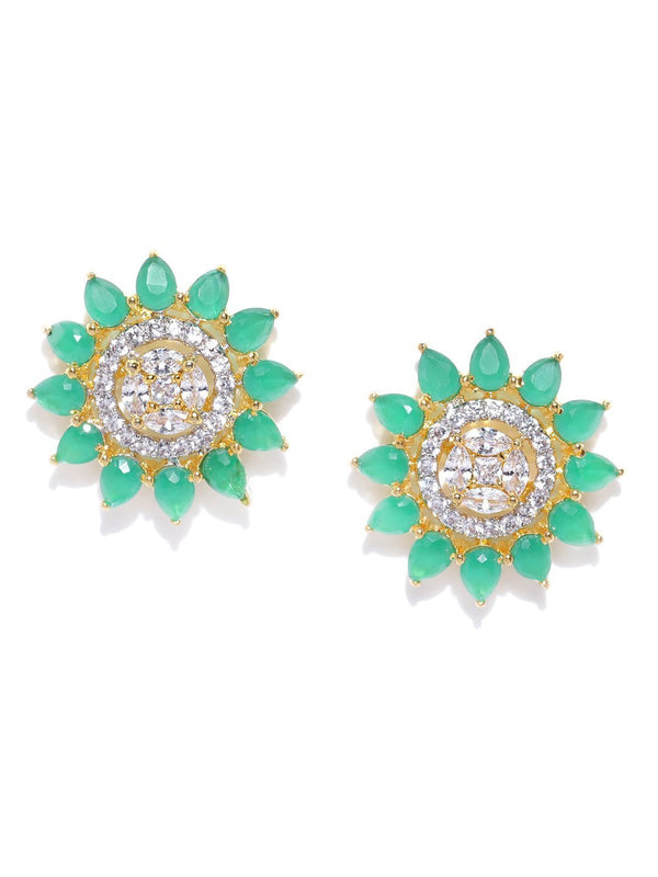 Women's Gold-Plated American Diamond and Emerald Studded Floral Stud Earrings - Priyaasi